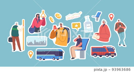 Set of Stickers Passengers Travel on Bus, Urban Public Transport. Tourists and Citizen Characters Sitting and Standing 93963686