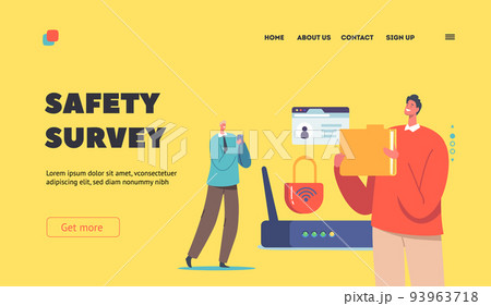 Data Protection, Safety Survey Landing Page Template. Male Characters with Folder and Smartphone near Wifi Router Data Protection, Safety Survey Landing Page Template. Male Characters with Folder and Smartphone near Wifi Router 93963718