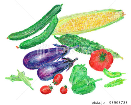 夏野菜（キュウリ、トウモロコシ、ナス、ゴーヤ、トマト、ピーマン、オクラなど）のクレヨンイラスト 93963783