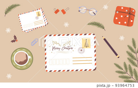 Christmas envelope on desk. Handmade greeting card. Sending or receiving New Year postcard or invitation. Top view. Vector illustration in flat cartoon style. Winter holiday wishes 93964753