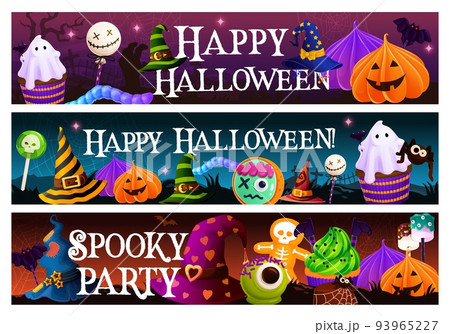 Cartoon Halloween sweets, dessert and cookies. Halloween background or vector horizontal banner with pumpkin Jack o lantern marshmallow, zombie cookie and ghost cupcake, Halloween spooky pastry Cartoon Halloween sweets, dessert and cookies. Halloween background or vector horizontal banner with pumpkin Jack o lantern marshmallow, zombie cookie and ghost cupcake, Halloween spooky pastry 93965227