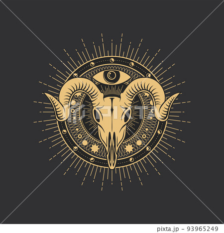 Occult symbol, esoteric tarot skull, magic and alchemy vector eye in circle. Esoteric tarot card symbol of sacred sun and celestial circle with stars and moons, Baphomet goat skull for magic pentagram Occult symbol, esoteric tarot skull, magic and alchemy vector eye in circle. Esoteric tarot card symbol of sacred sun and celestial circle with stars and moons, Baphomet goat skull for magic pentagram 93965249
