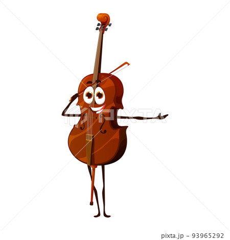 Cartoon contrabass, double bass character. Isolated vector musical string instrument personage. Musician equipment with smiling face and bow in hand playing classic music. Educational classes for kids 93965292
