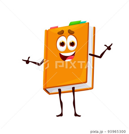 Cartoon cute school textbook book character. Isolated vector notebook or bestseller kids educational personage in orange cover. School dictionary, fairytale, library book laughing and waving hands 93965300