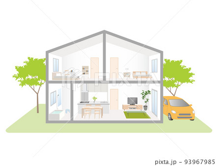 庭と車がある住宅の断面 93967985