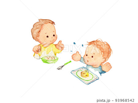 手書き水彩画　幼児の食事　笑顔とご機嫌斜め 93968542