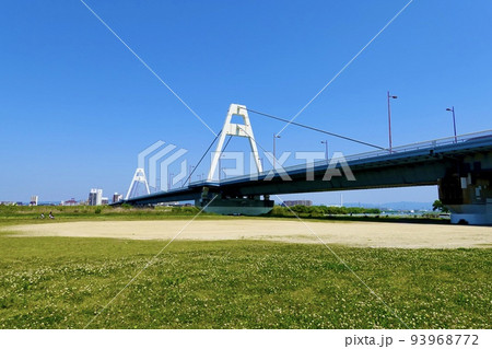 淀川河川敷公園　左岸　芝生とグラウンド越しに豊里大橋を見上げる風景　大阪市 93968772