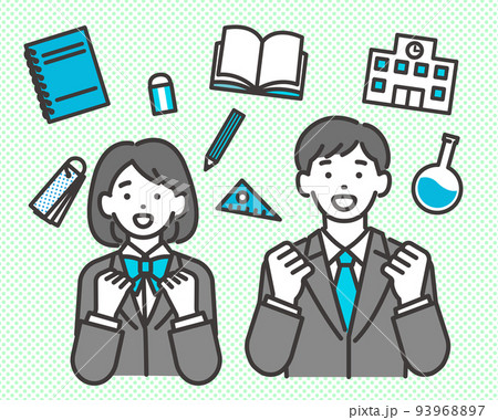 ガッツポーズをとる冬服の男女の学生のベクターイラスト素材／制服／高校生／中学生／冬期講習 93968897