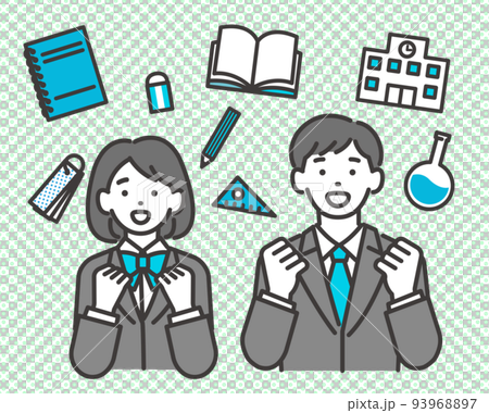 ガッツポーズをとる冬服の男女の学生のベクターイラスト素材／制服／高校生／中学生／冬期講習 93968897