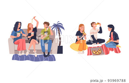 Group of Friend Character Eating Food at Home Sitting on the Floor and Sofa with Pizza and Chinese Noodles Vector Set 93969788