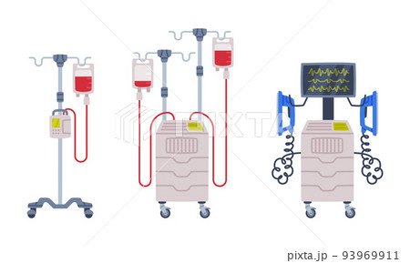 Defibrillator and Intravenous Bag as Medical Equipment and Assistance Device Vector Set Defibrillator and Intravenous Bag as Medical Equipment and Assistance Device Vector Set 93969911