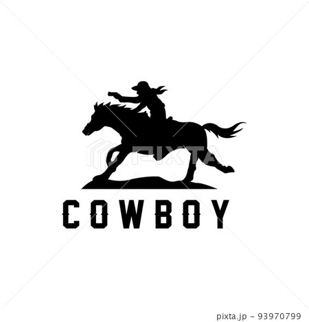 Cowboy Man Riding Horse Powerfully Silhouette at Sunset, icon logo design Cowboy Man Riding Horse Powerfully Silhouette at Sunset, icon logo design 93970799
