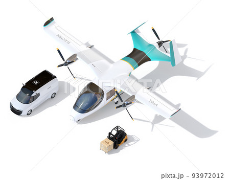 白バックにeVTOL宅配ドローン、フォークリフトとバンのイメージ。スピード配送コンセプト 93972012