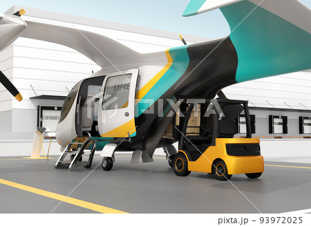 駐機場に充電中のeVTOL宅配ドローンに積み込み作業するフォークリフト。スピード配送コンセプト 93972025