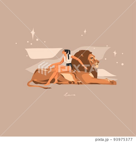 Hand drawn vector abstract graphic astrology illustration with modern,artistic contemporary print template of boho zodiac sign Leo.Zodiac adult female character design.Fashion magic symbol concept. 93975377