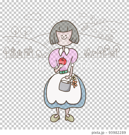 田舎の風景と田舎娘風の若い女性 93982289