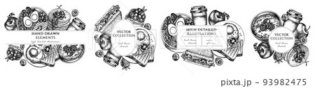 Breakfast hand drawn frame templates. Vintage illustrations of sandwich, pancakes, bowl with avocado, porridge with berries, chia pudding, fried eggs, raspberry, blueberry, strawberry, apples, paper 93982475