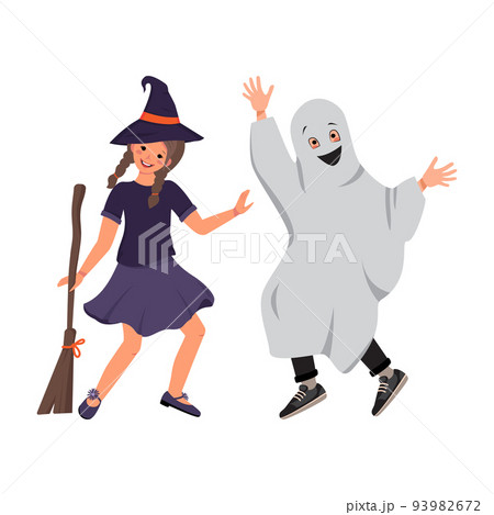 A girl in a witch costume in a hat and a broom and a boy in ghost clothes from a sheet with a smile and eyes on the Halloween holiday. Child in a fancy dress. Kids dancing in a carnival manner 93982672