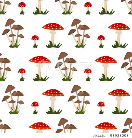 Seamless pattern with amanita mushroom with red hat and white dot, toadstool and grass. Bright fly agaric print Seamless pattern with amanita mushroom with red hat and white dot, toadstool and grass. Bright fly agaric print 93983003