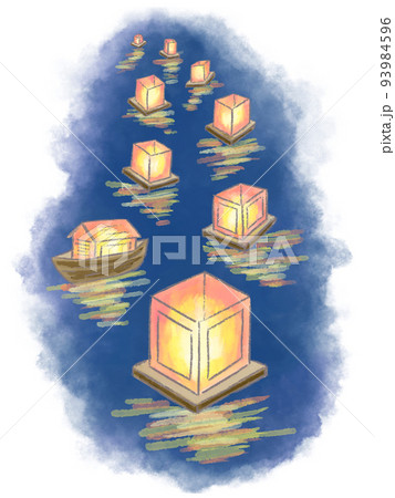 灯籠流し お盆の淡い手描き水彩 …