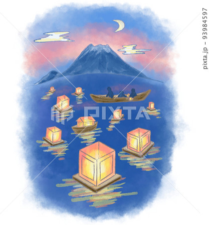 灯籠流し お盆の淡い手描き水彩イラスト02 93984597