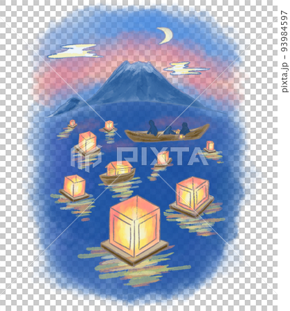 灯籠流し お盆の淡い手描き水彩イラスト02 93984597
