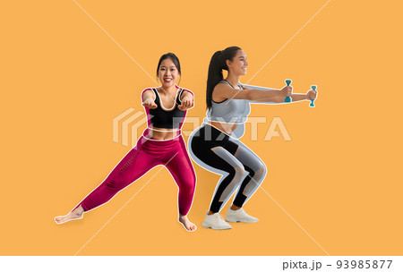 Glad slim arab and asian millennial ladies athletes in sportswear, overweight women drawn around, doing exercises, squat Glad slim arab and asian millennial ladies athletes in sportswear, overweight women drawn around, doing exercises, squat 93985877