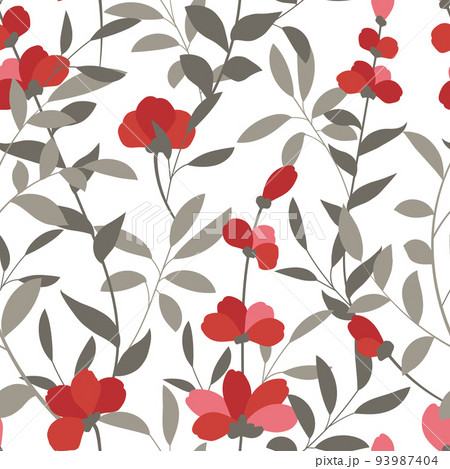 Vector pattern with leaves and red flowers. Improved flat-style texture for decorating postcards, paper, gifts, fabric, etc. Vector pattern with leaves and red flowers. Improved flat-style texture for decorating postcards, paper, gifts, fabric, etc. 93987404