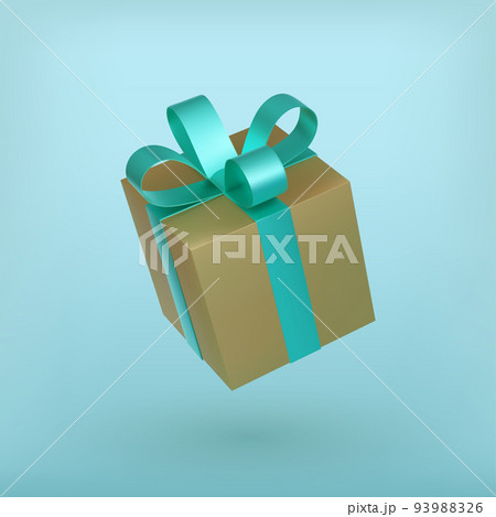 Christmas golden gift box with turquoise ribbon bow. 93988326