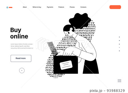 Buy online - Online shopping and electronic commerce web template - modern flat vector concept illustration of a woman unpacking a parcel box. Delivery, discounts, sale and online orders concept 93988329