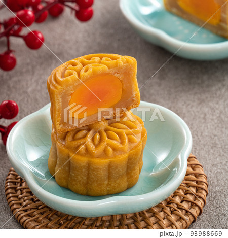 Delicious Cantonese moon cake for Mid-Autumn Festival food mooncake on gray table background. Delicious Cantonese moon cake for Mid-Autumn Festival food mooncake on gray table background. 93988669
