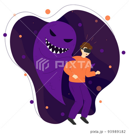 Virtual reality. VR gaming, video gaming, horror game. Scary monster behind Man in VR glasses. Flat vector isolated illustration 93989182