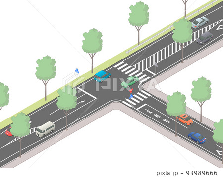 アイソメトリック図法で描いた日本のT字交差点イメージ[B]（無地） 93989666