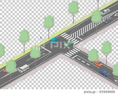 アイソメトリック図法で描いた日本のT字交差点イメージ[B]（無地） 93989666