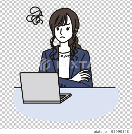 一個穿著辦公室休閒裝的女人，看著電腦屏幕很沮喪 93990548