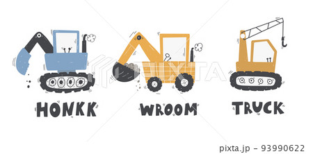 Cute children's set trucks and diggers in Scandinavian style on a white background. Building equipment. Funny construction transport Cute children's set trucks and diggers in Scandinavian style on a white background. Building equipment. Funny construction transport 93990622