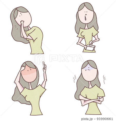 若い女性の風邪の症状のセットイラスト 93990661