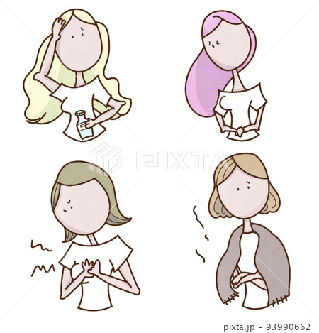 若い四人の女性の体調不良の症状のセットイラスト 若い四人の女性の体調不良の症状のセットイラスト 93990662