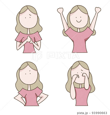 若い女性の感情表現のセットイラスト 若い女性の感情表現のセットイラスト 93990663