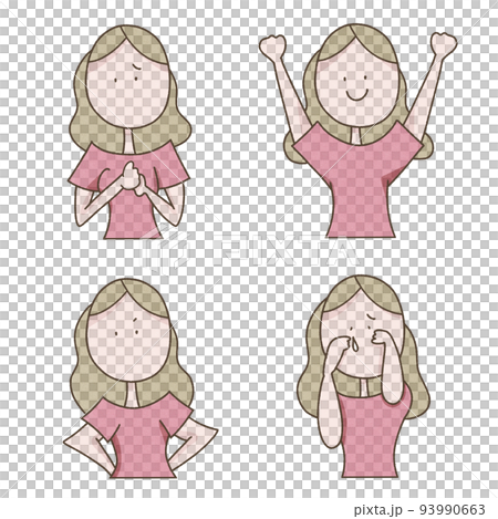 若い女性の感情表現のセットイラスト 若い女性の感情表現のセットイラスト 93990663