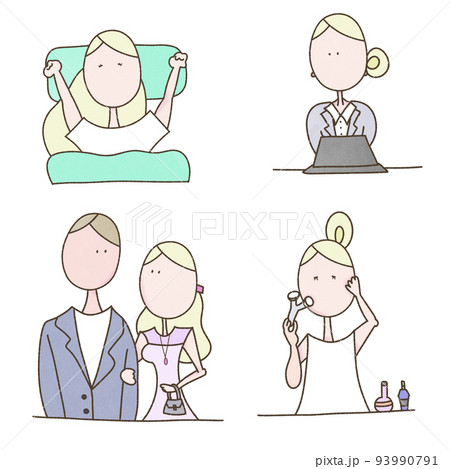若い女性の一日のセットイラスト 若い女性の一日のセットイラスト 93990791