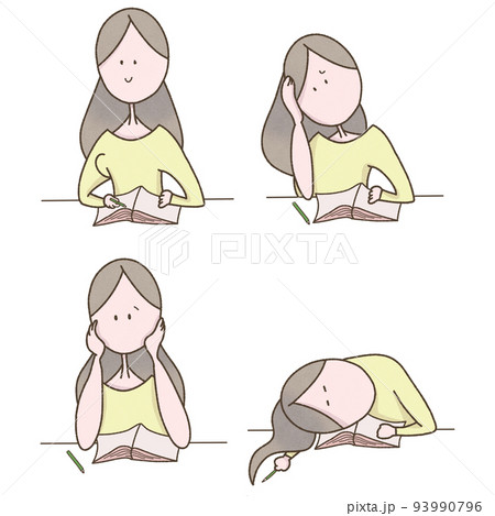 勉強する若い女性のセットイラスト 93990796