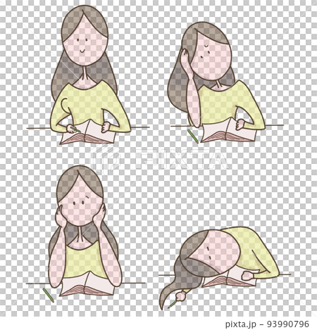勉強する若い女性のセットイラスト 93990796