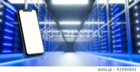 Mock up smart phone at server room. 3D Render Mock up smart phone at server room. 3D Render 93990883