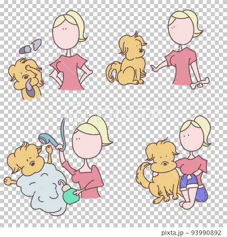 犬のいる生活のセットイラスト 93990892