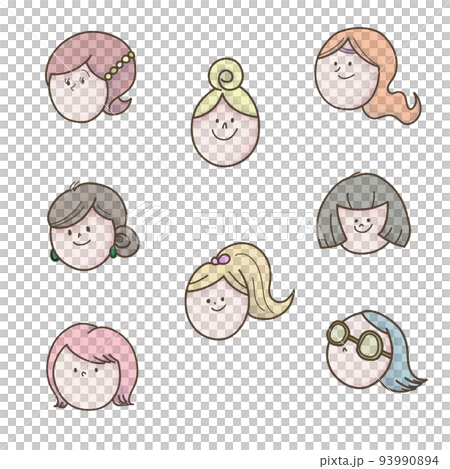 設置八個年輕女性面孔的插圖 設置八個年輕女性面孔的插圖 93990894