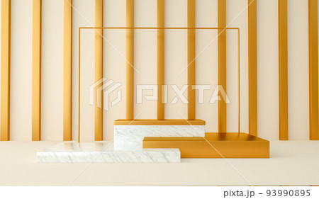 3d render, abstract and modern minimalist background with white marble and gold. Empty platform 93990895