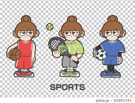 穿著籃球、網球和足球製服的女孩的鬆散插圖 穿著籃球、網球和足球製服的女孩的鬆散插圖 93991541