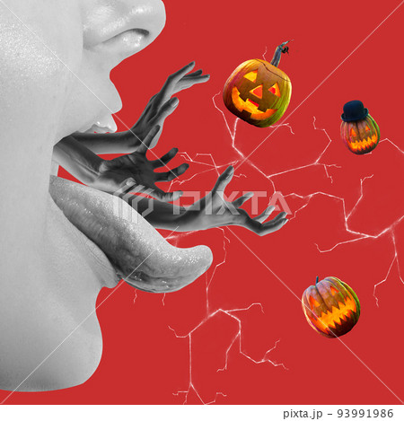 Contemporary art collage. A lot of human hands sticking out of female mouth and catching pumpkins over red background. Halloween theme. Surrealism 93991986