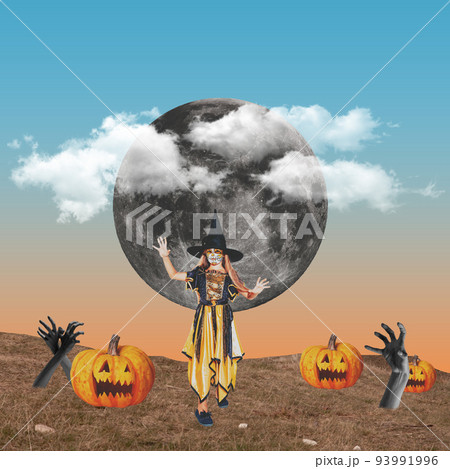Contemporary art collage. Halloween theme. Little girl in witch costume walking. Ideas, inspiration, party, ad. Surrealism 93991996